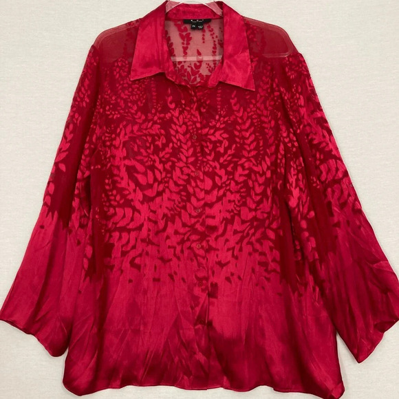 ECI New York Red Cranberry Leaf Print Artsy Long Sleeve Button Down 2X - Picture 1 of 11